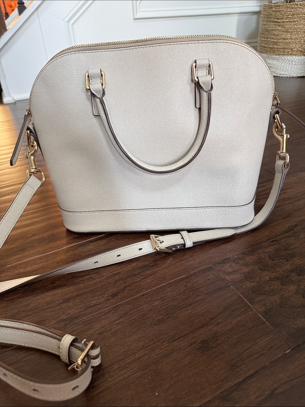 Dooney & Bourke Saffiano Leather Satchel Crossbody Ivory Taupe Gold Hardware - Picture 9 of 15